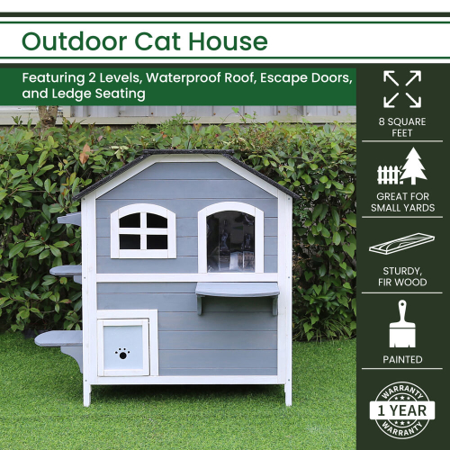 Hanover Outdoor Cat House with 2 Levels Waterproof Roof Escape Doors and Ledge Seating